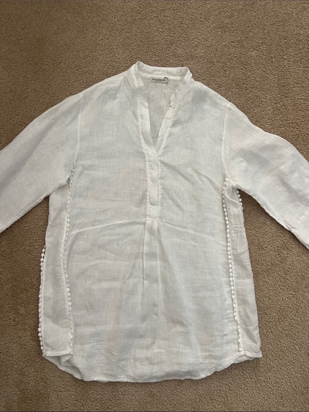 Laura Blanche S White Linen Tunic Top with Pom Trim